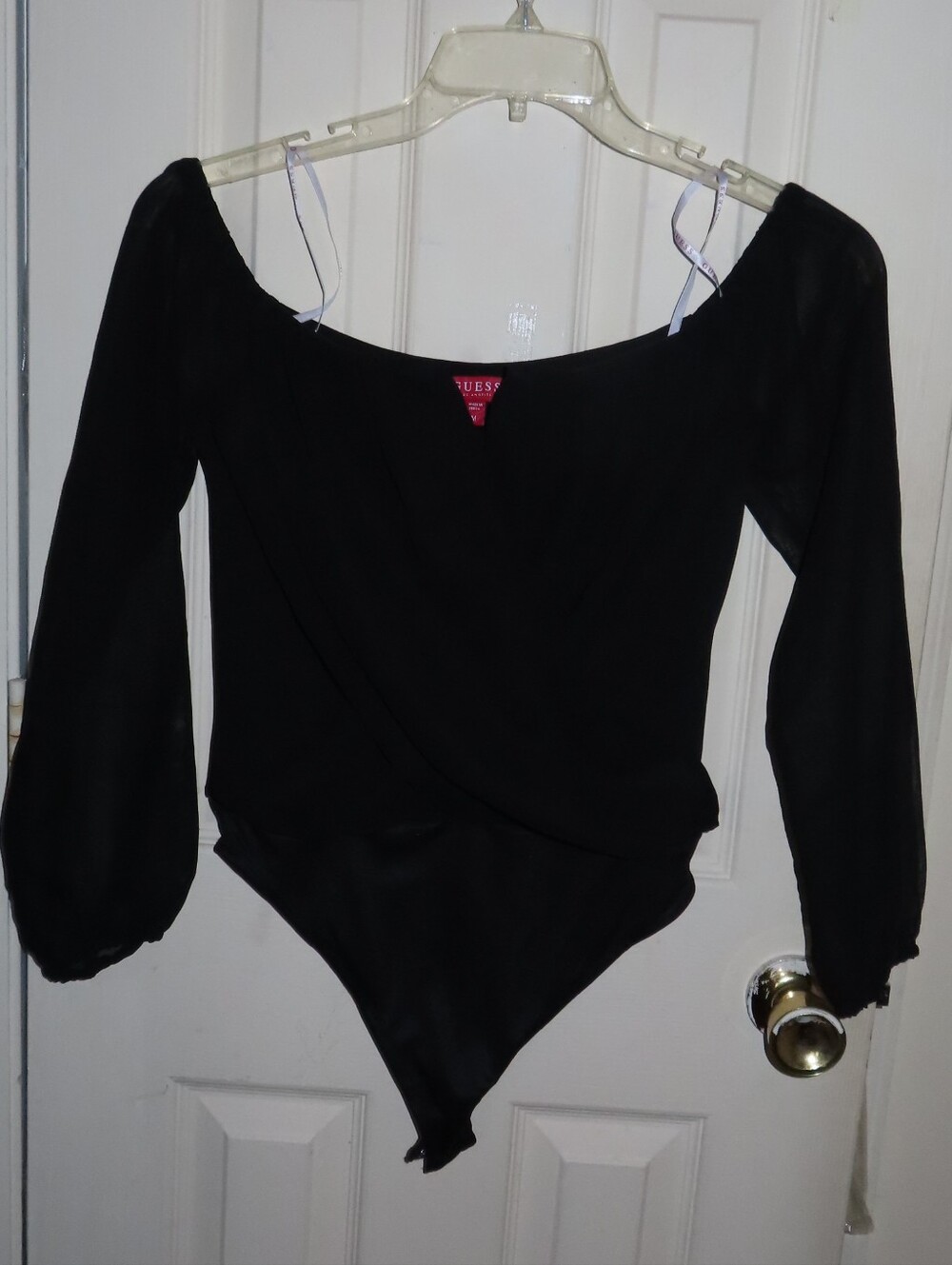 Guess Black Long-Sleeve Surplice Off Shoulder Bodysuit